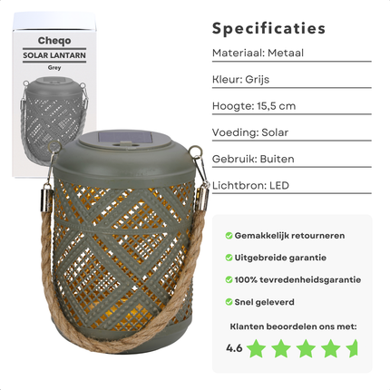 Cheqo® Solar Lantaarn - Grijze Decoratieve Buitenlamp - Tuinverlichting Zonneenergie - Tuinlantaarn -  Tafellamp - Hanglamp - Weerbestendig