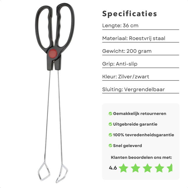 Cheqo® Barbecue Tang 36 cm - Vleestang - BBQ Tang - Hittebestendig Roestvrij Staal - Keukentang - Serveertang - Ideaal voor Grillen