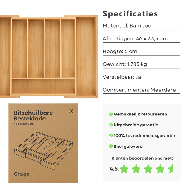 Cheqo® Uitschuifbare Besteklade Bamboe – Verstelbare Bestek Organizer – Ladeverdeler Keuken – Duurzaam & Milieuvriendelijk – Meerdere Compartimenten – Natuurlijke Uitstraling – Eenvoudig Schoon te Maken – Stijlvolle Keukenlade Organizer