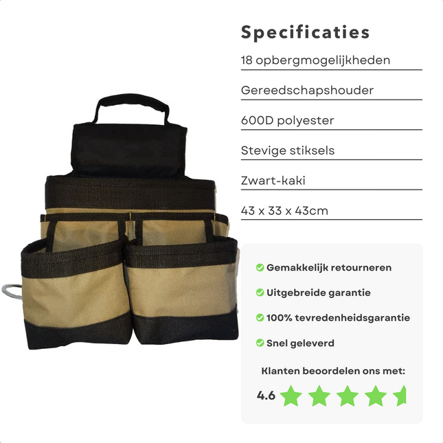 Cheqo® Gereedschaphouder - Werkriem - Spijkerschort - Passend op Elke Riem - Extra Padded Draaghandvat - 18 Opbergmogelijkheden - Hamerhouder - Hoge Kwaliteit 600D Polyester - Stevig Stiksel - Excl. Gereedschap Gereedschapsgordels