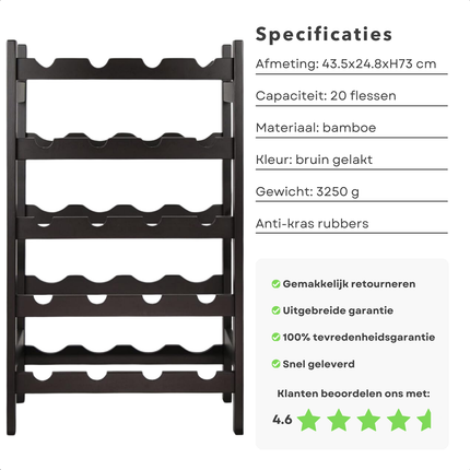 Cheqo® Wijnrek Bamboe - Flessenrek - Wijnflesrek - Wijnmeubel Voor 20 Flessen - Bruin Gelakt - Met Anti-Kras Rubbers