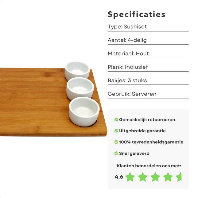 Cheqo® Japanse Sushi Servies Set - Sushi Set - Sushiset 4-Delig - Houten Plank met Bakjes - Serveerplank voor Sushi