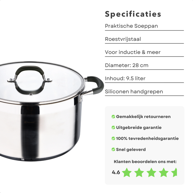 Cheqo® Rvs Soeppan 28 cm - Kookpan - Inductiepan met Deksel - Grote Pan 9.5 liter - Kookpan met Maataanduiding - Siliconen Handgrepen - Geschikt voor Alle Warmtebronnen