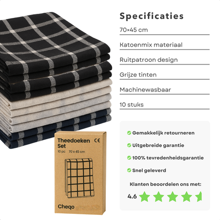 Cheqo® Theedoeken Set - Keukendoeken Set - Katoenmix - 10 Stuks - Absorbeert Goed - Drogen Van Servies - Drogen Van Glazen - Drogen Van Werkbladen - Machinewasbaar Op 30 °C - Neutraal Ontwerp - Thuisgebruik - Horeca Voorraad