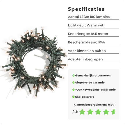 Cheqo® Kerstverlichting - Kerstboomverlichting - Kerstlampjes - 13.5M - Warm Wit LED - IP44 Buitenverlichting - 180 Lampjes - Groen Snoer