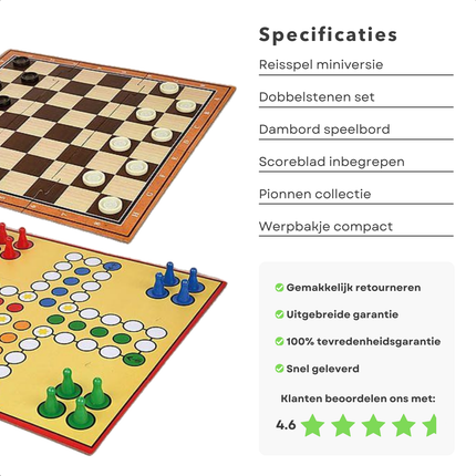 Cheqo® Bordspel Set - 99 Spellen in 1 - Gezelschapsspellen - Inclusief Dobbelstenen en Pionnen