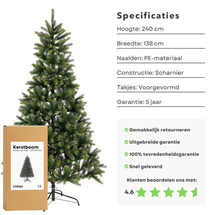 Cheqo® Kunstkerstboom 240 CM - Realistische Naalden - Scharnierconstructie - Snel Op Te Zetten - Groen - Zonder Verlichting - Voorgevormde Takken - Natuurgetrouwe Uitstraling - Kerstboom Decoreren - Kunstboom