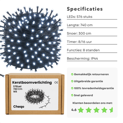 Cheqo® Kerstverlichting - Kerstlampjes - Kerstboomverlichting Wit - 576 LED Lampjes - Koel Wit Licht - Verlichte Lengte 740 CM - Kerstverlichting Binnen en Buiten - IP44 Adapter - 8 Lichtfuncties - Automatische Timer - Geheugenfunctie