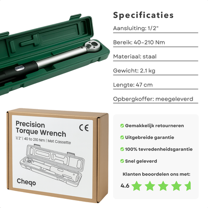 Cheqo® Automatische Momentsleutel - Moment Sleutel - Professionele Kwaliteit - Uiterst Nauwkeurig - Zichtvenster Afleesbaar - Vergrendeling Handgreep - Torque Wrench