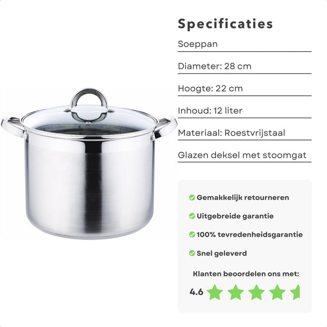 Cheqo® XL Soeppan - 12 Liter - Voor Alle Warmtebronnen - Inductie - Kookpan - Gelijkmatige Warmteverdeling - RVS - Diameter 28 cm  - Vaatwasserbestendig - Glazen Deksel - Ergonomische Handgrepen Kookpannen