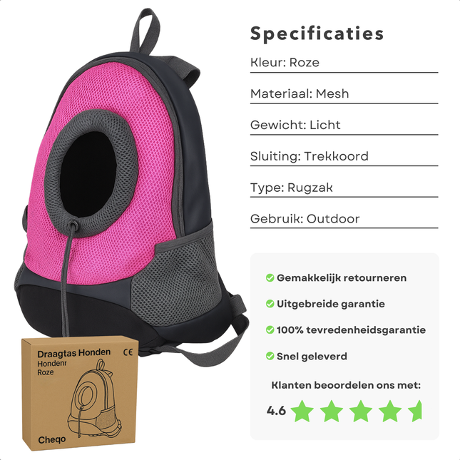 Cheqo® Honden Draagtas - Hongenrugzak - Draagzak Hond - Kleine Honden Rugzak - Dierentas - Ook voor Katten - Polyester - Roze