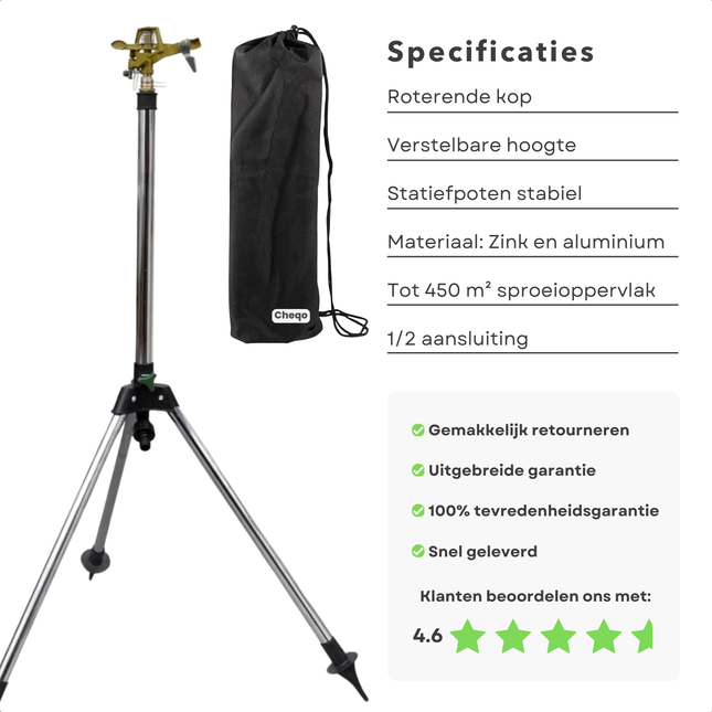 Cheqo® Sectorsproeier - Tuinsproeier - Cirkelsproeier - Sector Sproeier - Pulserende Sproeier op Statief - 360 Graden - Verstelbaar - Zink en Aluminium