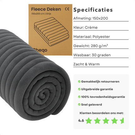 Cheqo® Grijze Fleece Deken - 150x200 cm - Zachte Plaid - Warme Deken - Voor Bank Of Bed - Polyester Fleece - Ultiem Comfort - Wasbaar Op 30 Graden - 100% Polyester - Dekentje - Fleece Materiaal
