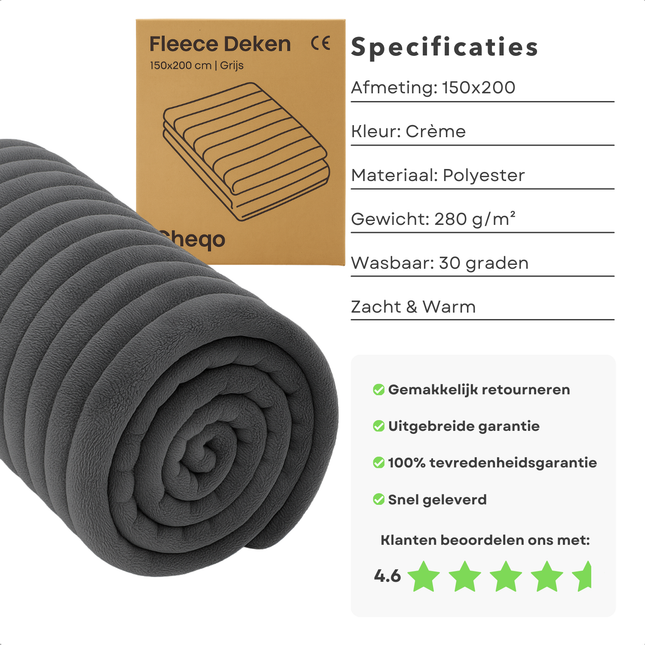 Cheqo® Grijze Fleece Deken - 150x200 cm - Zachte Plaid - Warme Deken - Voor Bank Of Bed - Polyester Fleece - Ultiem Comfort - Wasbaar Op 30 Graden - 100% Polyester - Dekentje - Fleece Materiaal