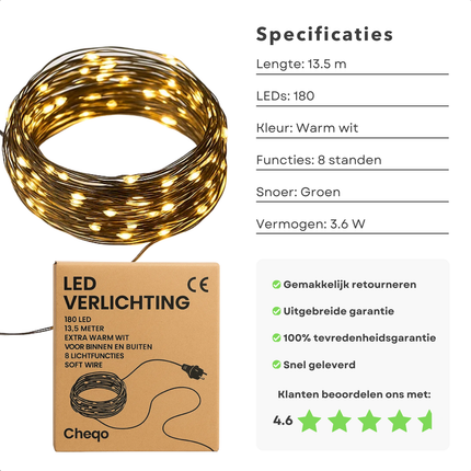 Cheqo® LED Kerstverlichting - Kerstlampjes - Kerstboomverlichting - Extra Warm Wit - 180 LED Lampjes - 13.5 Meter - Binnen en Buiten - Flexibel Snoer - 8 Lichtfuncties - Energiezuinig - IP44 Adapter - Kerstboom Verlichting