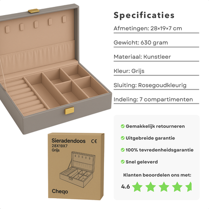 Cheqo® Sieradendoos Kunstleer - Bijouteriedoos - Sieradenkoffer - Juwelendoos - Sieraden Organizer - Grijs - Sieraden Doos - Sieradendoosje Met Kettinghaakjes en Ringklemmen