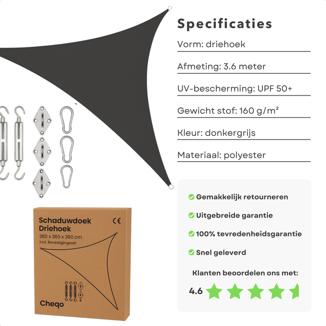Cheqo® Schaduwdoek Driehoek - Schaduw Doek - Zonnescherm - Donkergrijs - UV-Beschermend - UPF 50+ - 100% Polyester - Zware Kwaliteit