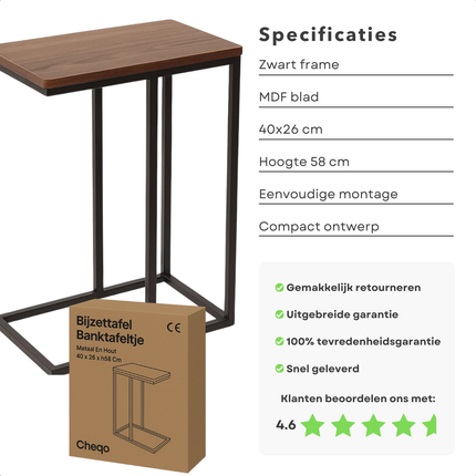 Cheqo® Bijzettafel Metaal En Hout - Banktafeltje - Zwart Metalen Frame - Bruin MDF Tafelblad - Makkelijk Aan De Bank Te Schuiven - Tafeltje - Industrieel Design - Bijzettafel Zwart En Bruin - Bijzettafel Woonkamer - Bijzettafel Modern