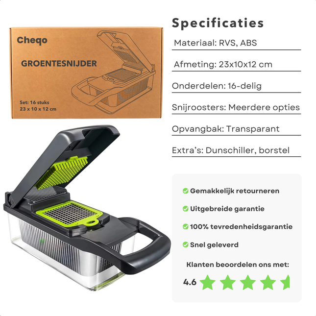 Cheqo® Groentesnijder RVS - Mandoline Keukenhulp - Uiensnijder - Spiraalsnijder - 16-Delig - Met Opvangbak en Dunschiller