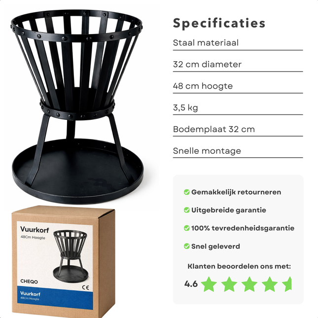 Cheqo® Vuurkorf - Vuurkorf Buiten - Vuurkorf Tuin - Vuurkorf Terras - Ronde Vuurkorf - Vuurkorf Op Poten - Vuurkorf Zwart