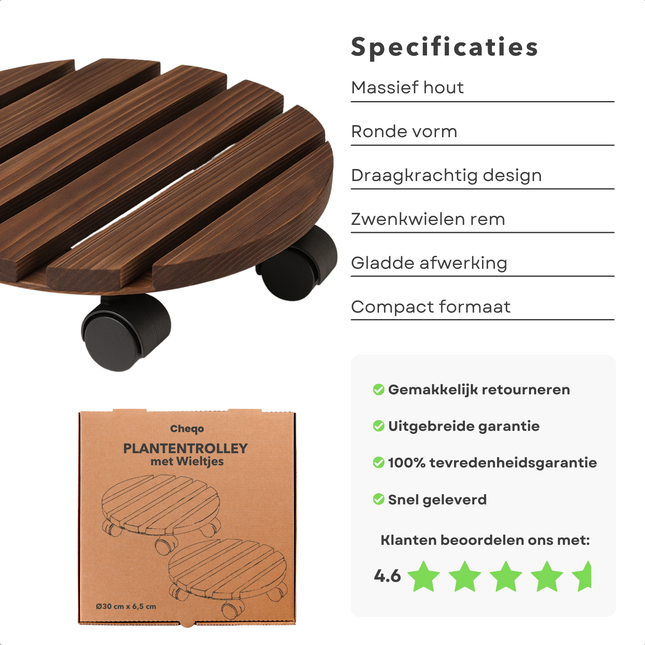Cheqo® Houten Plantentrolley Met Wieltjes 2 Stuks - Plantenroller ø 30 cm - Trolley voor Planten - Plantenkar - Plantenroller - Planten Trolley - Plantenstandaard