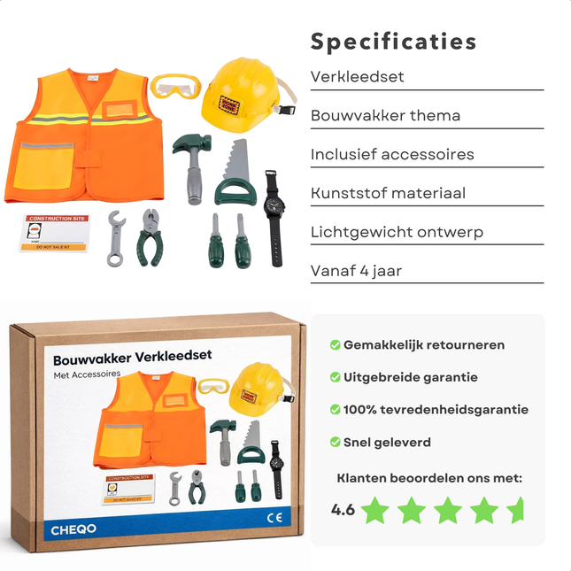 Cheqo® Bouwvakker Verkleedset - Bouwvakker Verkleedkostuum Kind - Bouwvakker Kostuum Kind - Bouwvakker Verkleedkleding - Bouwvakker Outfit Kind - Bouwvakker Verkleedset Helm Gereedschap