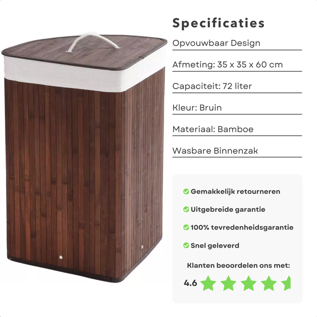 Cheqo® Bamboe Hoek Wasmand met Waszak - Bruin - 72L - Opvouwbaar met Deksel - Duurzaam en Stijlvol