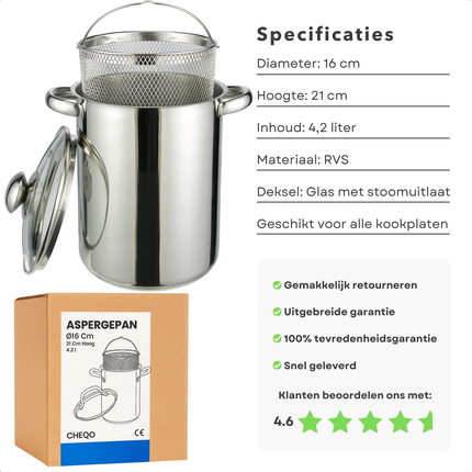 Cheqo® Aspergepan RVS - Pastapan - Glazen Deksel - Stoomuitlaat - Inzetmand - Vaatwasser Veilig - Geschikt Voor Inductie - Alle Warmtebronnen - Roestvrij Staal - 4.2 Liter Inhoud - 16 cm Diameter - 21 cm Hoog - Multifunctioneel Koken