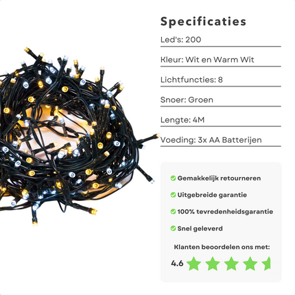 Cheqo® Kerstverlichting - Kerstboomverlichting - Kerstlampjes - 200 LED - 4M - Voor Binnen en Buiten - Timer - 8 Lichtfuncties - Op Batterijen - Wit & Warm Wit - Clusterverlichting - Sfeerverlichting - Feestverlichting Kerstboomverlichting