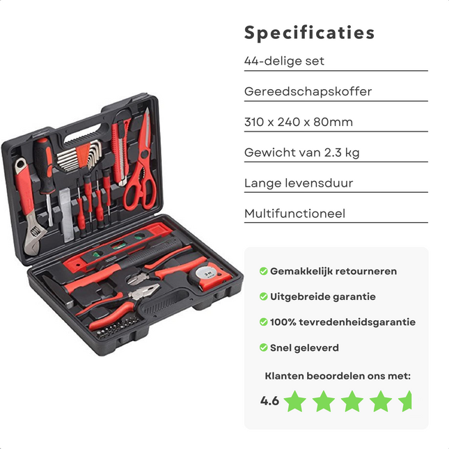 Cheqo® 44-Delige Gereedschapskoffer - 310 x 240 x 80 mm - Gereedschapset - Handgereedschap - Tang - Zijsnijder - Bankhamer - Schroevendraaier - Sleutel - Schaar - Rolmaat - Bits - Waterpas - Inbusssleutel - In Koffer - Toolbox - Basisgereedschap Gereedschapsset