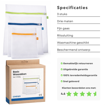 Cheqo® Waszakken - Waszak - Wasnet - Wasnetjes - Waszakken Set - Wasnetten Set - Waszakjes - Waszak Wasmachine - Wasnet Wasmachine - Waszak voor Wasgoed - Wasnet voor Wasgoed - Waszak met Rits
