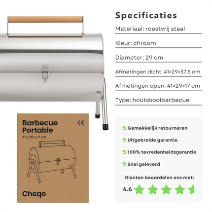 Cheqo® Draagbare Houtskoolbarbecue – Compacte Cilinder BBQ – RVS Tafelbarbecue – Opvouwbare Mini Barbecue voor Camping, Tuin, Balkon & Picknick – Dubbel Grilloppervlak – Lichtgewicht Chroom BBQ met Sluitclip – Voor Buiten & Reizen