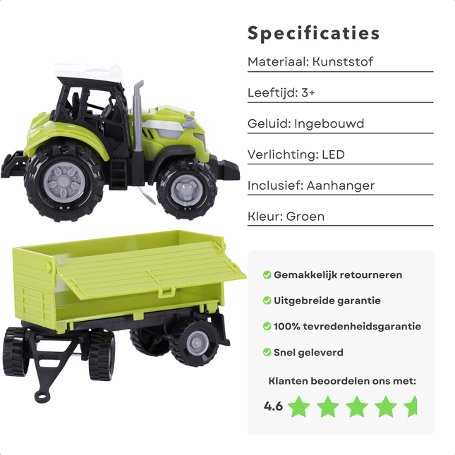 Cheqo® Speelgoedtractor met Aanhanger - Voorlader Tractor met Aanhangwagen - Speelgoed met Licht en Geluid - Kinderspeelgoed vanaf 3 Jaar - Kunststof