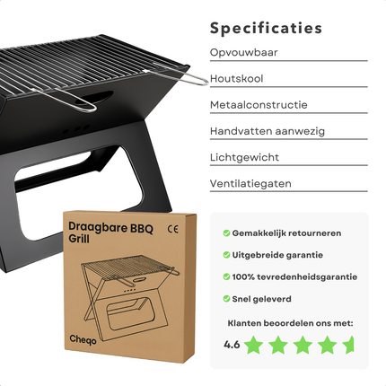 Cheqo® Draagbare Houtskoolbarbecue - Tafelbarbecue - Tafel BBQ Houtskool Barbecue Draagbaar - Camping BBQ - Staal