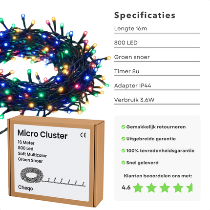 Cheqo® Microcluster Kerstverlichting - Kerstlampjes - Kerstboomverlichting  - 800 LED - 16 Meter - Multicolor Verlichting - Kerstboomverlichting - Binnen en Buiten - 8 Lichtfuncties - Timer Functie - Geheugen - IP44 Adapter