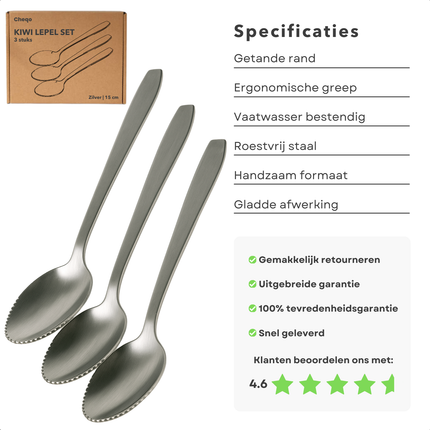 Cheqo® RVS Kiwi Lepel Set - Grapefruit Lepels - Fruitlepel - Fruitlepels met Gekartelde Rand - 3 Stuks