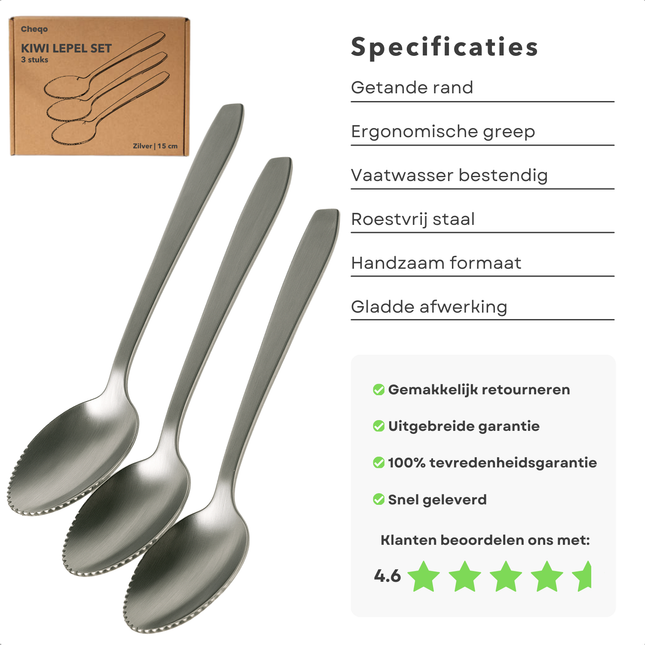 Cheqo® RVS Kiwi Lepel Set - Grapefruit Lepels - Fruitlepel - Fruitlepels met Gekartelde Rand - 3 Stuks