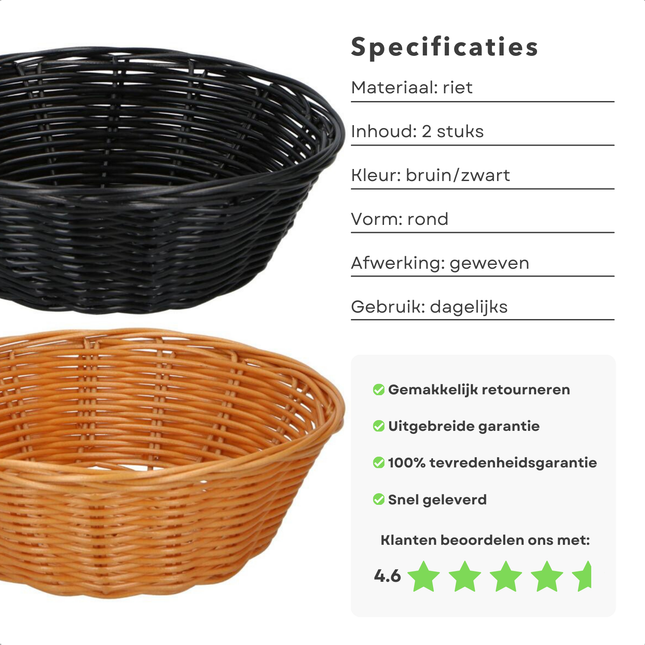 Cheqo® Rieten Broodmand Set - Broodmanden - Broodmandje - Mandje voor Brood - Bruin/Zwart - Perfect voor Keuken en Tafel - Duurzaam en Stijlvol