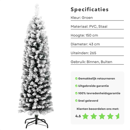 Cheqo® Kunstkerstboom Smal - Smalle Kerstboom - 150 cm - Met Sneeuw - PVC - Binnen/Buiten Gebruik