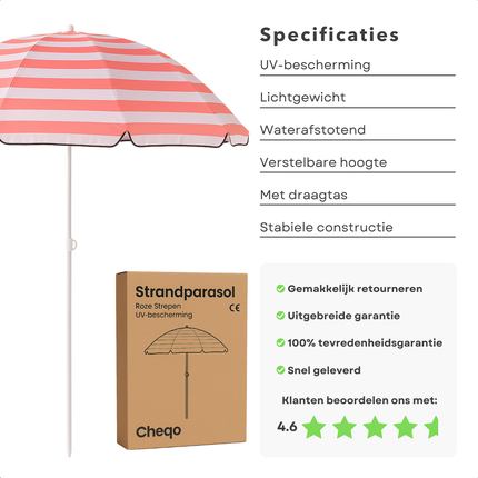 Cheqo® Strandparasol met Roze Streep - Parasol voor Strand - Tuinparasol - Terras Parasol - Polyester - Kantelbaar