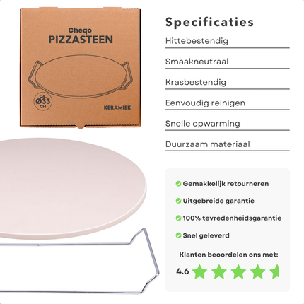 Cheqo® Pizzasteen voor BBQ & Oven - Keramiek 33 cm - Voor Barbecue en Oven - Pizzaplaat - Pizza Stone - Hittebestendig met Houder