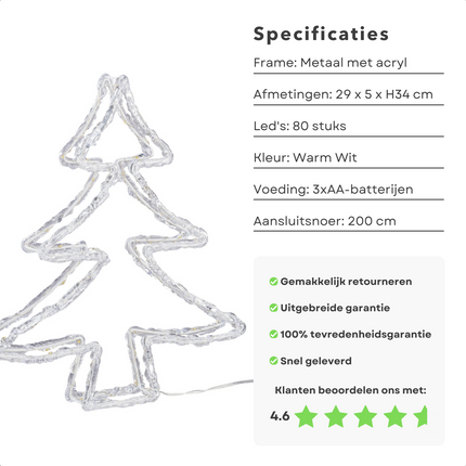 Cheqo® Luxe Kerstboomfiguur - 80 LED's - Timer - Op Batterijen - Voor Binnen en Buiten - Kerstverlichting - Kerst Figuur - Kerstlampjes - Kerstversiering - Lichtslinger - Voor Binnen en Buiten - Metalen Frame - Energiezuinig Verlichte Kerstfiguren