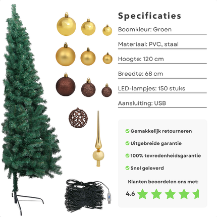 Cheqo® Kerstboom - Kunstkerstboom PVC - 120 cm - Met LED-verlichting en Kerstballen - Ruimtebesparend