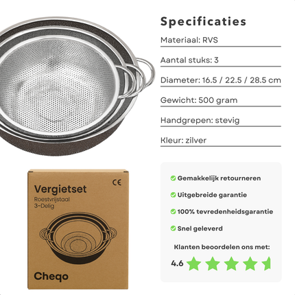 Cheqo® Roestvrijstalen Vergiet - Vergietset 3-Delig - Keukenaccessoire RVS - Verschillende Maten - 16.5 cm Vergiet - 22.5 cm Vergiet - 28.5 cm Vergiet