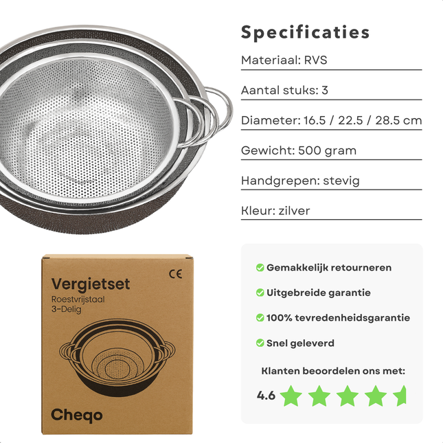 Cheqo® Roestvrijstalen Vergiet - Vergietset 3-Delig - Keukenaccessoire RVS - Verschillende Maten - 16.5 cm Vergiet - 22.5 cm Vergiet - 28.5 cm Vergiet