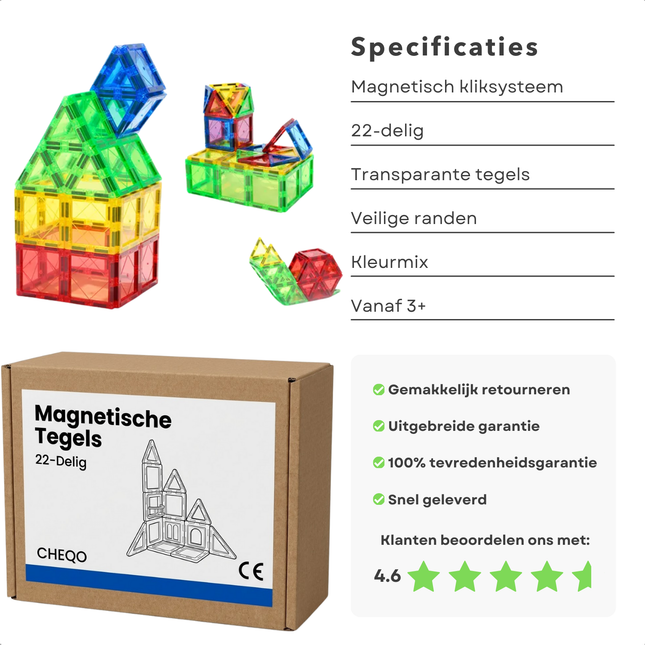 Cheqo® Magnetische Tegels - Magnetische Bouwtegels - Magnetisch Speelgoed - Magnetische Bouwstenen - Magnetische Bouwblokken - Magnetisch Constructiespeelgoed - Magnetisch Bouwspeelgoed - Magnetische Bouwset