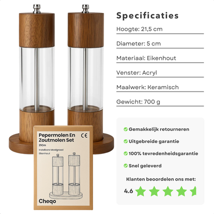 Cheqo® Eikenhouten Pepermolen - Eikenhouten Zoutmolen - Instelbare Maalgraad - Keramisch Maalwerk - Set van 2 - met Houder - Peper Zoutstel - Geschikt voor Kruiden - Fijn tot Grof Malen - Pepermolen en Zoutmolen Set