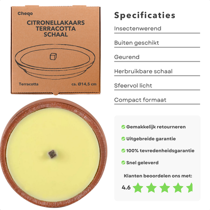 Cheqo® Citronella Kaas - Citronellakaars - Terracotta Kaars - Anti-Mug Kaars voor Buiten - Sfeerkaars