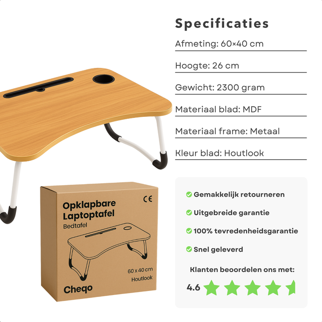 Cheqo® Opklapbare Laptoptafel - Ontbijt op Bed Tafel - Bedtafel met Tablethouder - Bank Tafeltje - Banktafel - Ontbijttafeltje - Hout Bruin