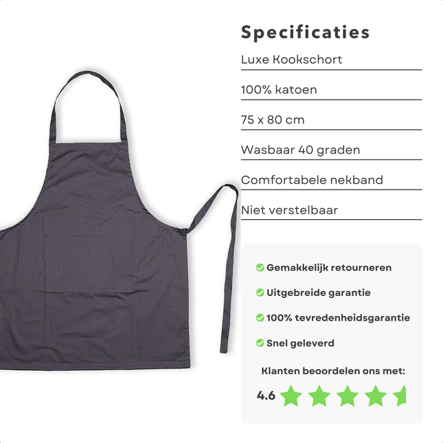 Cheqo® Kookschort 100% katoen, 75x80cm, wasbaar, met zak. Comfortabele nekband, luxe keukenschort. Klantbeoordeling 4.6 sterren.